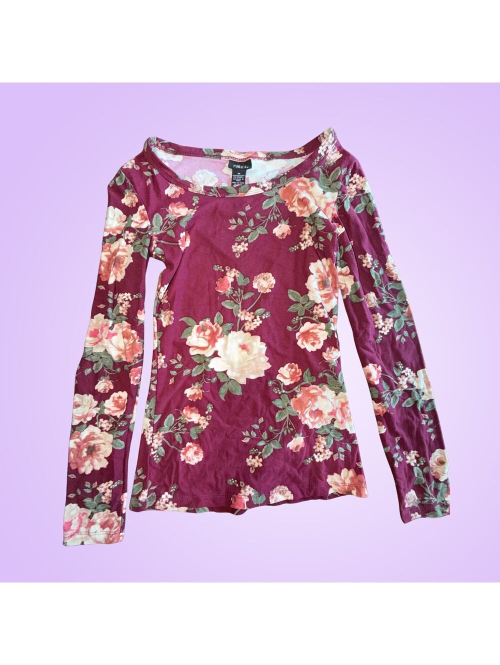 Women’s XS rue21 Burgundy Floral Long Sleeve Stretch Shirt Cottagecore Top